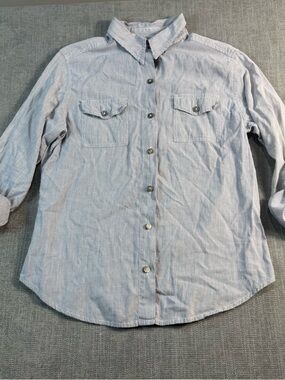 Chico’s Button Down Women’s Shirt Size 1 Blue White Striped Roll Tab Sleeve